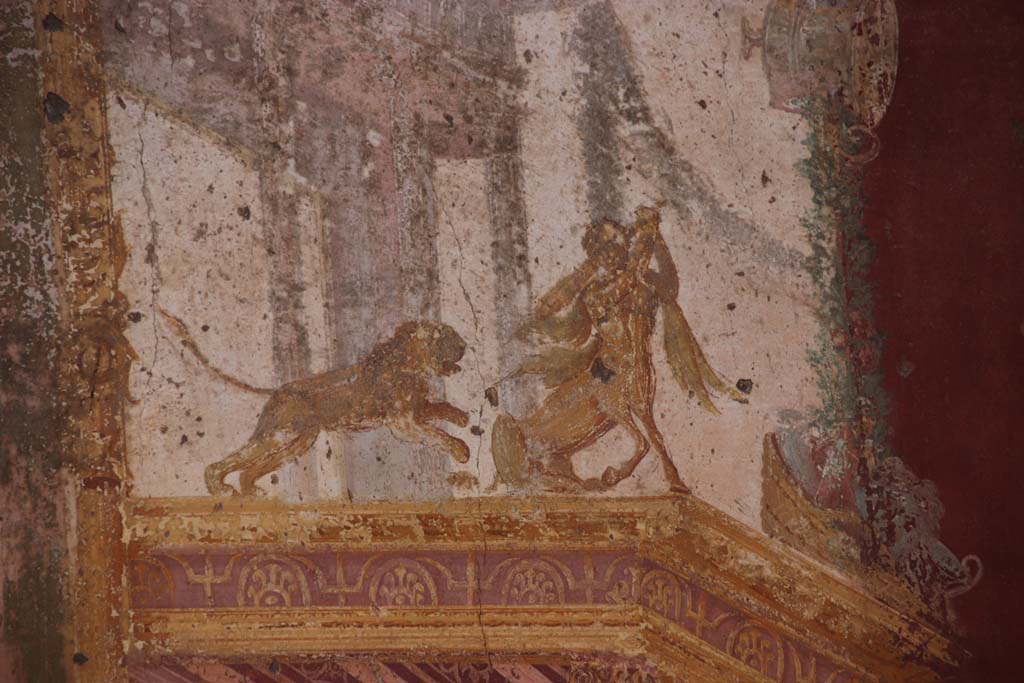 VII.1.47 Pompeii, September 2017. Exedra 10, detail of Centaur and Lion, from east end of north wall. Photo courtesy of Klaus Heese.