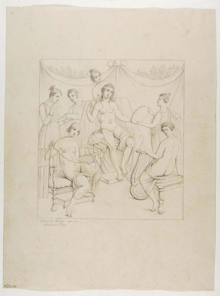VII.1.47 Pompeii. Room 8, centre of west wall of antecamera.
Drawing by Nicola La Volpe, of the dressing of Paris, today the painting is completely faded and lost.
Now in Naples Archaeological Museum. Inventory number ADS 491.
Photo © ICCD. http://www.catalogo.beniculturali.it
Utilizzabili alle condizioni della licenza Attribuzione - Non commerciale - Condividi allo stesso modo 2.5 Italia (CC BY-NC-SA 2.5 IT)
See Helbig, W., 1868. Wandgemälde der vom Vesuv verschütteten Städte Campaniens. Leipzig: Breitkopf und Härtel, (1386).