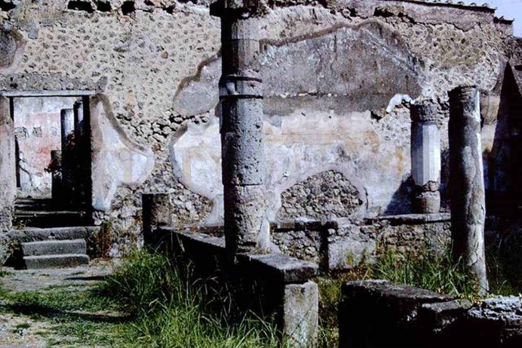 VII.1.47 Pompeii. 1966.
Looking north from walled peristyle garden 19 towards steps leading to a second peristyle 31, which could be entered from the entrance at VII.1.25.
Photo by Stanley A. Jashemski.
Source: The Wilhelmina and Stanley A. Jashemski archive in the University of Maryland Library, Special Collections (See collection page) and made available under the Creative Commons Attribution-Non-Commercial License v.4. See Licence and use details.
J66f0385