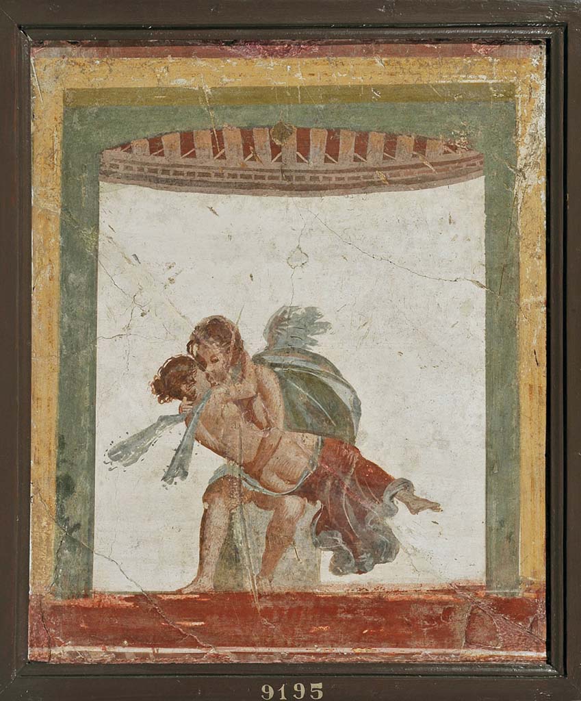 VII.2.6 Pompeii. Fresco of Cupid and Psyche found in the upper zone of the painted architecture of the tablinum.
Now in Naples Archaeological Museum. Inventory number 9195.