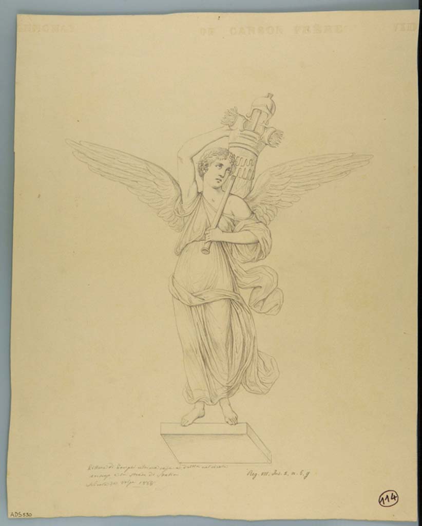 VII.2.6 Pompeii. Drawing by Nicola La Volpe, (1868), of a fresco found in a side panel on the north wall of the tablinum.
“Nike standing on a shelf and carrying a trophy on his left shoulder”. (Sogl. 438),
The fresco has now disappeared.
See Sogliano, A., 1879. Le pitture murali campane scoverte negli anni 1867-79. Napoli: Giannini. (See p.72, no. 438).
Now in Naples Archaeological Museum. Inventory number ADS 530.
Photo © ICCD. http://www.catalogo.beniculturali.it
Utilizzabili alle condizioni della licenza Attribuzione - Non commerciale - Condividi allo stesso modo 2.5 Italia (CC BY-NC-SA 2.5 IT)