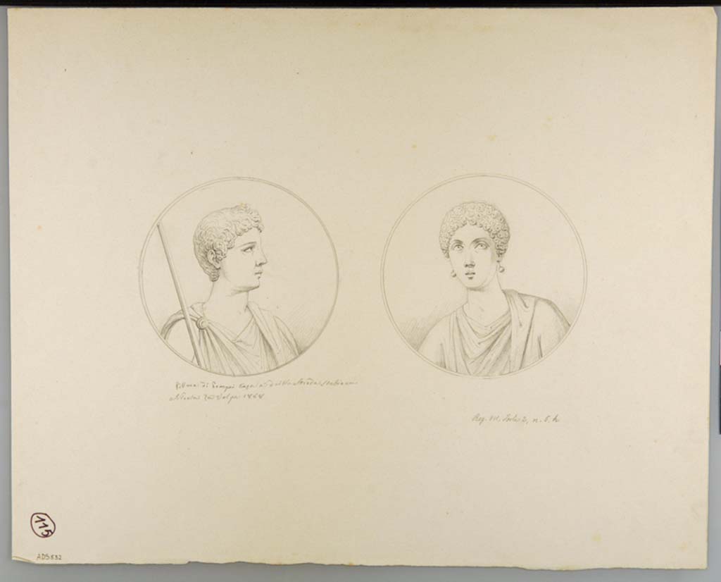 VII.2.6 Pompeii. Drawing by Nicola La Volpe, 1868, of medallions found on a wall in the corridor on the south side of the triclinium.
The medallion on the left with a masculine head (Sogl.635) and the other with a feminine head (Sogl. 634).
These medallions have faded and disappeared.
See Sogliano, A., 1879. Le pitture murali campane scoverte negli anni 1867-79. Napoli: Giannini. (See p.130, no. 635, and no. 634).
Now in Naples Archaeological Museum. Inventory number ADS 532.
Photo © ICCD. http://www.catalogo.beniculturali.it
Utilizzabili alle condizioni della licenza Attribuzione - Non commerciale - Condividi allo stesso modo 2.5 Italia (CC BY-NC-SA 2.5 IT)