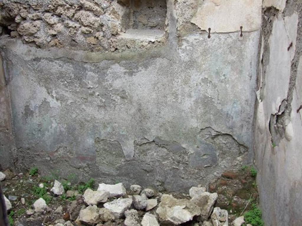 VII.2.14 Pompeii. March 2009. Garden room. West wall. Remains of garden painting. This had a fence, a basin shaped fountain, birds and a female figure. This female figure was to the right of the fountain and perhaps was a statue of Venus. See Jashemski, W. F., 1979. The Gardens of Pompeii. New York: Caratzas. (p62: T100).