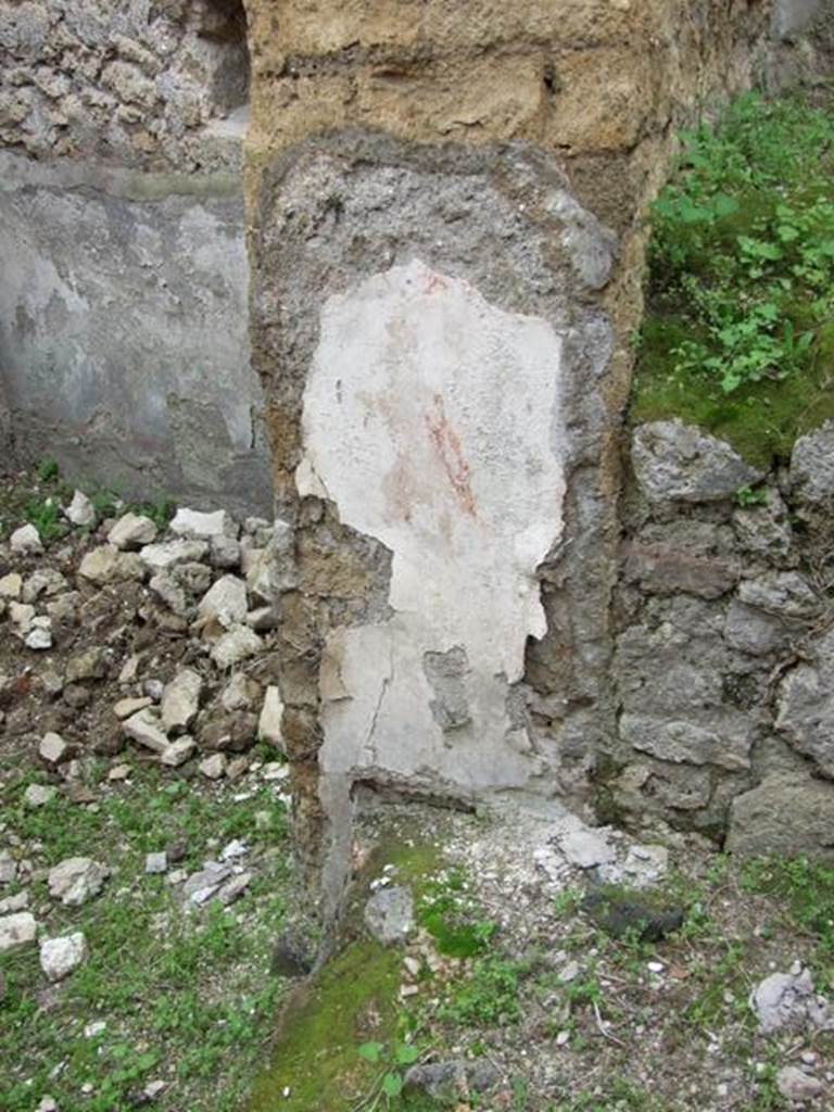 VII.2.14 Pompeii. March 2009. Garden room. Remains of painting of a male figure looking towards the scene of the sacrifice on the lararium.
See Fröhlich, T., 1991. Lararien und Fassadenbilder in den Vesuvstädten. Mainz: von Zabern. (L80: T40,1).
See Giacobello, F., 2008. Larari Pompeiani: Iconografia e culto dei Lari in ambito domestico. Milano: LED Edizioni. (p278).
According to Boyce, the man, nude except for a limus about his hips, held in each hand an object which was not discernable at the time of excavation. This figure was larger than those of the lararium painting, better painted, and perhaps belonged to an earlier decoration.
See Boyce G. K., 1937. Corpus of the Lararia of Pompeii. Rome: MAAR 14. (p.61-2, 249, Pl. 23,1)
