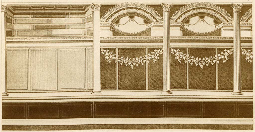 VII.2.16 Pompeii. Room 20, drawing by A. Sikkard of wall decorations from triclinium walls.
See Mau, A. 1882. Geschichte der Decorativen Wandmalerei in Pompeji. Berlin: Reimer, Taf. IV.