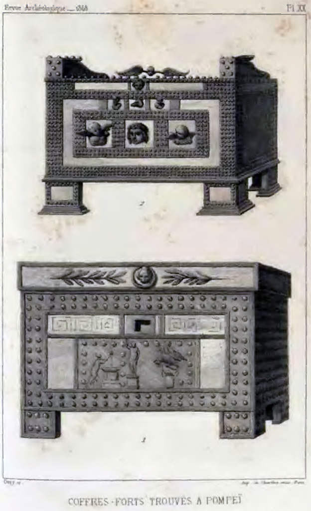 VII.2.18 Pompeii. Drawing of two cash-chests found at Pompeii, and now in Naples Archaeological Museum.
According to de Longpérier –
“The top cash-chest was from VII.2.18 and found in the atrium on 22nd May 1867.
The lower cash-chest was found 29th May 1864 in the atrium of VII.7.5.”
See H. de Longpérier, Recherches sur les insignes de la questure et sur les récipients monétaires, RA n.s.18. Paris 1868, 58–72, p. 171, Pl. XX.
See https://archive.org/details/in.gov.ignca.25639/page/n5/mode/2up