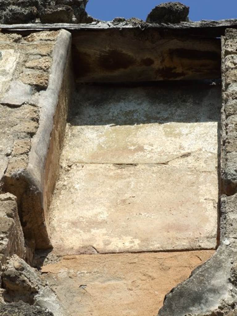 VII.2.18 Pompeii. March 2009. Room 9, upper floor apartment, latrine in north wall of upper floor. According to Hobson, a total of 15 upper storey latrines have been identified in the city, including this one. He says that these latrines would seem to have been placed near to the top of the staircase, and would have been placed in narrow plastered niches with terracotta downpipes inserted into the walls to carry the waste product down into the cesspit. This latrine shows the slots in the sides of the niche where the wooden seat fitted, and the tapering, easily sluiced plaster below the seat.
See Hobson, B., 2009. Latrinae et foricae: Toilets in the Roman World. London; Duckworth. (p.75-6).