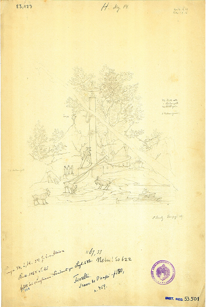 VII. 2.18 Pompeii. Room 4, sacred landscape seen on north wall. Sketch by L. Schulz, 1867.
DAIR 83.127. Photo © Deutsches Archäologisches Institut, Abteilung Rom, Arkiv.