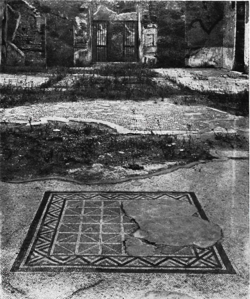 VII.2.20 Pompeii. c.1930.
Looking north from emblema in centre of tablinum O1, (note: our room 8) across atrium towards entrance doorway.
According to Blake –
The atrium was later than the tablinum and belonged to the period of wall decorations in the Second Style. (p.61).
A similar cancellum, (in colours) though much restored, forms an attractive centre for the tablinum.
The pavements of this house fall into two groups.
Those of the tablinum and the room behind it, and those to the right and left of these two are of finer tesserae (0.05cms to 0.08cms by 0.05cms to 0.06cms deep) and seems to be at a slightly lower level than the atrium. And yet the lithostroton of the atrium, with its pieces of coloured limestone (such pieces of marble as occur are in patches), and the alae with their thresholds of the Greek meander in which every square is different, cannot be later than the period of Augustus. Walls of a later transformation actually rest on the meander borders, (p.74).
See Blake, M., (1930). The pavements of the Roman Buildings of the Republic and Early Empire. Rome, MAAR, 8, (p.61 & 74, & pl.17, tav.4).