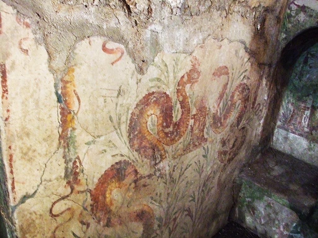 VII.2.20 Pompeii. December 2007.
Sacellum. On the west wall of the room are painted two huge yellow serpents, confronting a small altar. See Boyce, above.