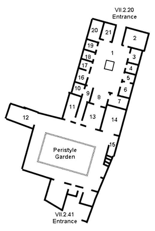 VII.2.20 plan VII.2.20 Pompeii. Casa di N. Popidius Priscus or Casa dei Marmi
Room Plan
