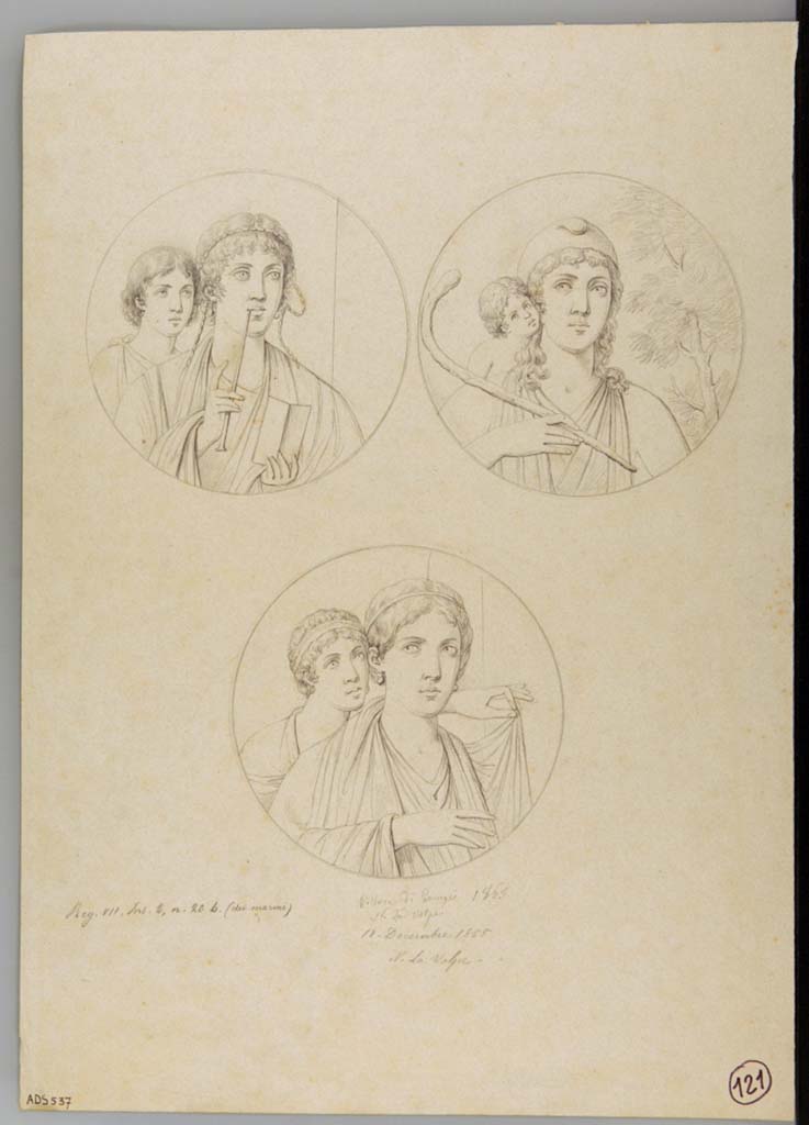 VII.2.20 Pompeii. Drawing by Nicola La Volpe, dated 18th December 1865, of three medallions seen in the atrium, now disappeared. These may have been seen on the east side of the atrium.
They are described as - a young girl with an even younger girl looking over her shoulder (Helbig 1426);
- Paris, with Cupid (Helbig 1276), and
- Mars and Venus (Helbig 313).
See Helbig, W., 1868. Wandgemälde der vom Vesuv verschütteten Städte Campaniens. Leipzig: Breitkopf und Härtel, 313, 1276, 1426.
Now in Naples Archaeological Museum. Inventory number ADS 537.
Photo © ICCD. http://www.catalogo.beniculturali.it
Utilizzabili alle condizioni della licenza Attribuzione - Non commerciale - Condividi allo stesso modo 2.5 Italia (CC BY-NC-SA 2.5 IT)
