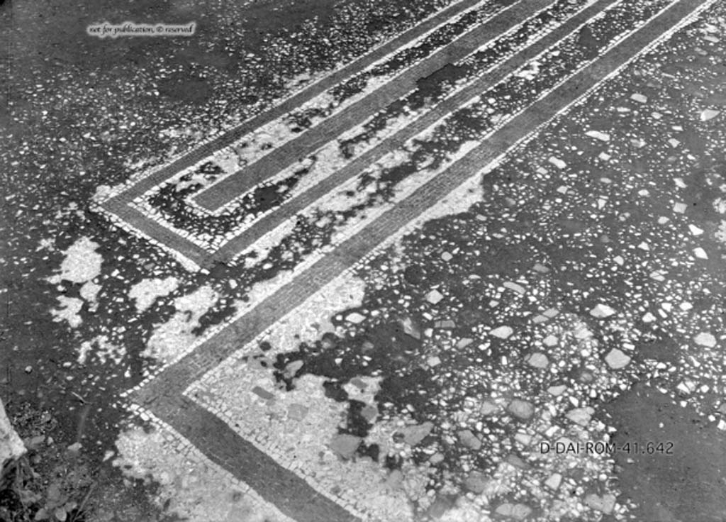 VII.2.20 Pompeii. c.1930. Room 3, flooring
DAIR 41.642. Photo © Deutsches Archäologisches Institut, Abteilung Rom, Arkiv.
See Pernice, E. 1938. Pavimente und Figürliche Mosaiken: Die Hellenistische Kunst in Pompeji, Band VI. Berlin: de Gruyter, (described as cubiculum “e” ,see tav. 20.4, above.)
According to PPM,
The flooring of the interior of the room, although in its simplicity, emphasized the destination of the parts of the room with the drop in the alcove and the carpet pattern in the antechamber. Inserted in the beaten flooring, were irregular small limestone flakes, a set of black tesserae consisting of a band of seven rows within a rectangle of four, and the edge of the carpet of the antechamber formed by bands of six rows of the same black tiles.
See Carratelli, G. P., 1990-2003. Pompei: Pitture e Mosaici. 6. VI. Roma: Istituto della enciclopedia italiana, (p. 624).