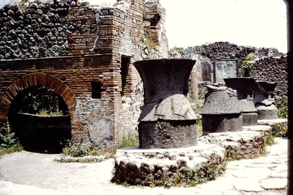 VII.2.22, Pompeii. 1961. Oven and mills in bakery. Photo by Stanley A. Jashemski.
Source: The Wilhelmina and Stanley A. Jashemski archive in the University of Maryland Library, Special Collections (See collection page) and made available under the Creative Commons Attribution-Non Commercial License v.4. See Licence and use details.
J61f0646