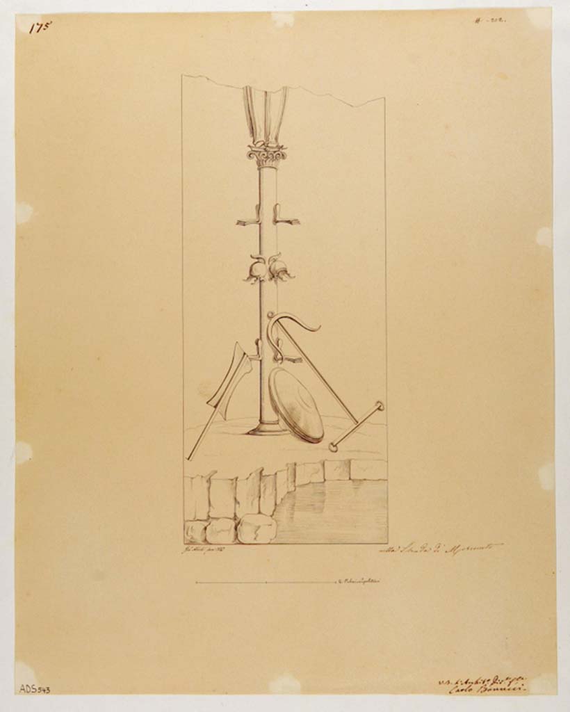 VII.2.25 Pompeii. Drawing by Giuseppe Abbate, 1847, which according to Helbig was the fresco found on the west wall of the viridarium.
Nothing much remains of the west wall today, so this fresco has been lost.
See Helbig, W., 1868. Wandgemälde der vom Vesuv verschütteten Städte Campaniens. Leipzig: Breitkopf und Härtel, (1776).
Now in Naples Archaeological Museum. Inventory number ADS 543.
Photo © ICCD. http://www.catalogo.beniculturali.it
Utilizzabili alle condizioni della licenza Attribuzione - Non commerciale - Condividi allo stesso modo 2.5 Italia (CC BY-NC-SA 2.5 IT)
