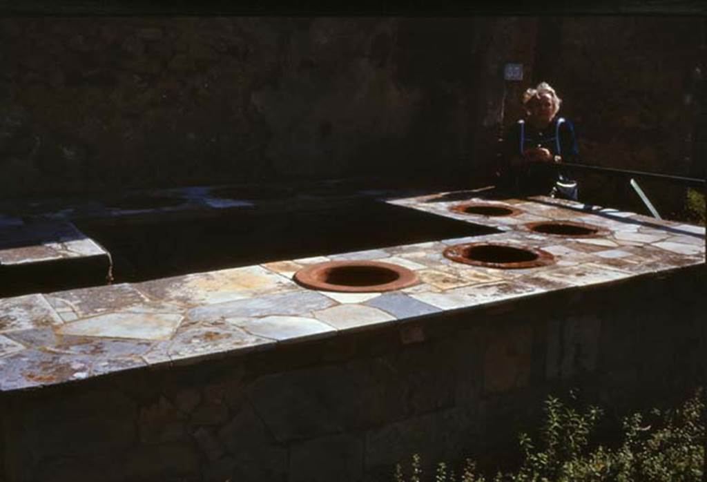 VII.2.32 Pompeii. February 1988. Looking south-east across counter towards other entrance doorway at VII.2.33, on right.
Photo by Joachime Méric courtesy of Jean-Jacques Méric.