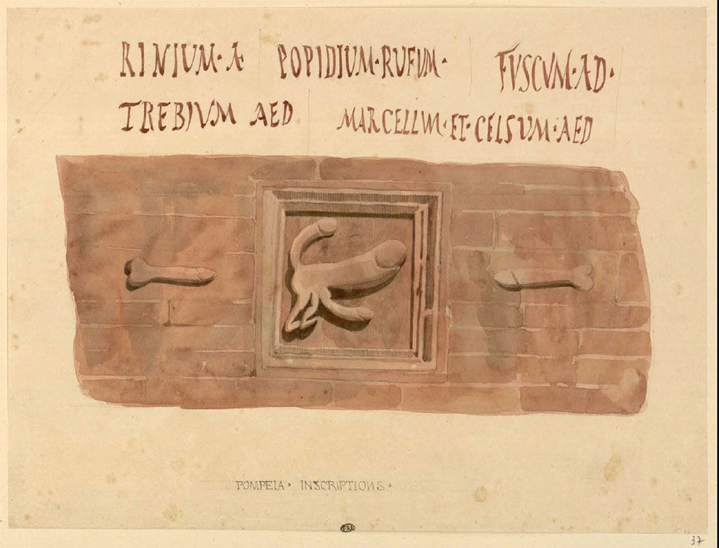 VII.2.31 and VII.2.32 Pompeii. Between 1823 and 1828 sketch by Felix Duban of plaque with phallus, and inscriptions.
See Duban F. Album de dessins d'architecture effectués par Félix Duban pendant son pensionnat à la Villa Medicis, entre 1823 et 1828: Tome 2, Pompéi, pl. 37.
INHA Identifiant numérique NUM PC 40425 (2)
https://bibliotheque-numerique.inha.fr/idurl/1/7157 « Licence Ouverte / Open Licence » Etalab