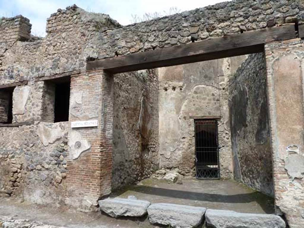 VII.2.44 Pompeii. May 2010. Entrance. Fiorelli quoted, as being found on the wall between VII.2.43 and VII.2.44 (on the left),
M . CERRINIVM
VATIAM . AED . OVF . SERI . BIBI
UNIVERSI . ROGANT
SCR . FLORVS . CVM . FRVCTO      [CIL IV 581]
See Pappalardo, U., 2001. La Descrizione di Pompei per Giuseppe Fiorelli (1875). Napoli: Massa Editore. (p. 84)
