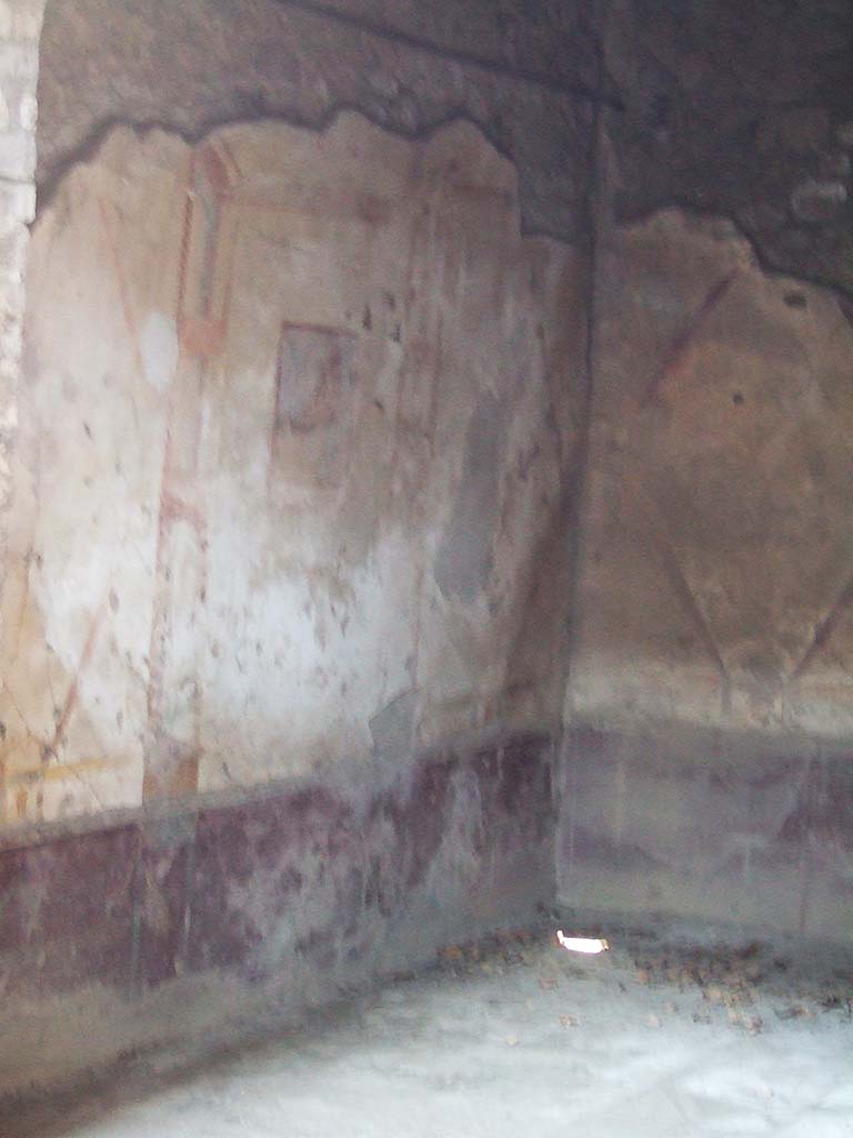 VII.2.45 Pompeii. September 2005. Looking towards north-east corner of triclinium.
First room, with wall painting seen on the north wall, on east side of atrium.
The zoccolo/dado was painted red.
The central painting in the middle zone on the north wall, on a white background, was of Narcissus.
Painted in the centre of the south wall was a painting of Danae and Perseus.
See Bragantini, de Vos, Badoni, 1986. Pitture e Pavimenti di Pompei, Parte 3. Rome: ICCD. (p.88-9, ambiente ‘c’)