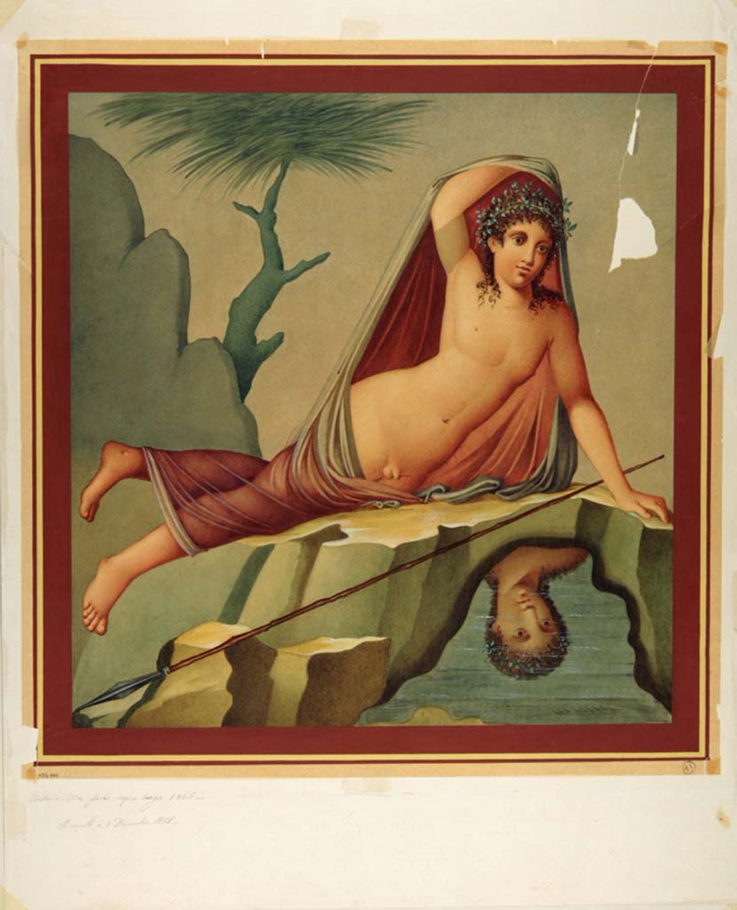 VII.2.45 Pompeii. Painting by Antonio Ala, 1865, reproduction of fresco of Narcissus from north wall of triclinium.
Now in Naples Archaeological Museum. Inventory number ADS 555.
Photo © ICCD. http://www.catalogo.beniculturali.it
Utilizzabili alle condizioni della licenza Attribuzione - Non commerciale - Condividi allo stesso modo 2.5 Italia (CC BY-NC-SA 2.5 IT)
See Helbig, W., 1868. Wandgemälde der vom Vesuv verschütteten Städte Campaniens. Leipzig: Breitkopf und Härtel, (1349)