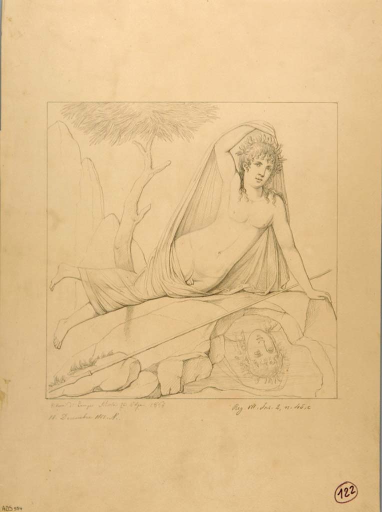 VII.2.45 Pompeii. Drawing by Nicola La Volpe, 18th December 1865, of painting from north wall of triclinium showing Narcissus. (Helbig 1349)
Now in Naples Archaeological Museum. Inventory number ADS 554.
Photo © ICCD. http://www.catalogo.beniculturali.it
Utilizzabili alle condizioni della licenza Attribuzione - Non commerciale - Condividi allo stesso modo 2.5 Italia (CC BY-NC-SA 2.5 IT)