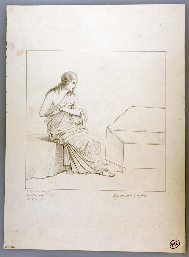 VII.2.45 Pompeii.
Drawing by Nicola La Volpe, 18th December 1865, from south wall of triclinium showing Danae and young Perseus. (Helbig 121).
Now in Naples Archaeological Museum. Inventory number ADS 556.
Photo © ICCD. http://www.catalogo.beniculturali.it
Utilizzabili alle condizioni della licenza Attribuzione - Non commerciale - Condividi allo stesso modo 2.5 Italia (CC BY-NC-SA 2.5 IT)