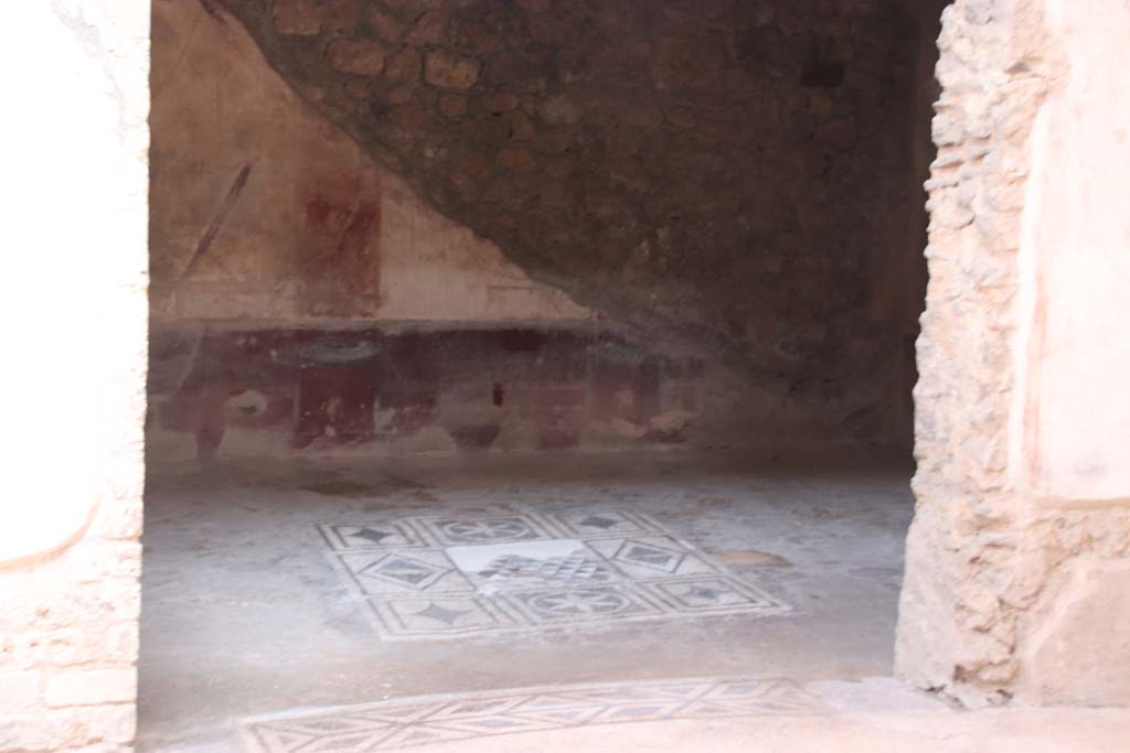 VII.2.45 Pompeii, September 2017. Looking east towards mosaic emblema in centre of flooring of triclinium.
Photo courtesy of Klaus Heese.