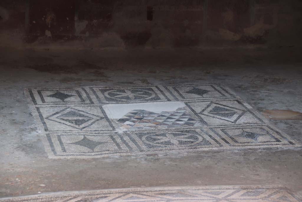 VII.2.45 Pompeii, September 2017. Decorated flooring in triclinium on east side of atrium. Photo courtesy of Klaus Heese.
0868 Pompeji Casa dell' Orso Ferito (VII.2.45) - Triclinium - Ostseite des Atriums - Mosaik. September 2017.