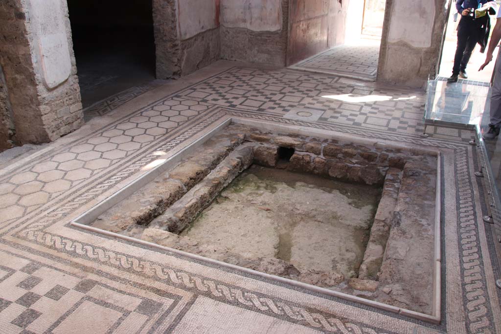VII.2.45 Pompeii, September 2017. Looking towards south side of atrium, with central doorway to entrance corridor.
The doorway being used now, on the right, leads from VII.2.44. Photo courtesy of Klaus Heese.
