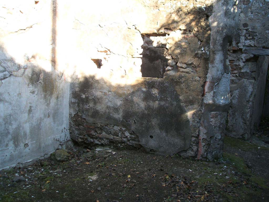 VII.2.48 Pompeii. December 2004.
Looking towards the east wall of the garden area, with window and doorway opening into a corridor at the rear of the house.
The walls were covered with simple rough plaster, and a column of the portico has been incorporated into the wall.