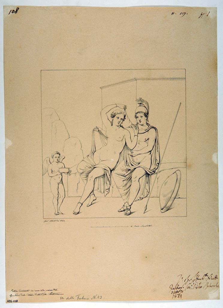 VII.3.8 Pompeii. Drawing by Giuseppe Abbate, 1844, of painting of Mars and Venus as seen in tablinum "a".
According to Helbig, only the upper part was still visible. There is no longer any trace in the tablinum today.
See Helbig, W., 1868. Wandgemälde der vom Vesuv verschütteten Städte Campaniens. Leipzig: Breitkopf und Härtel, (321)
Now in Naples Archaeological Museum. Inventory number
Photo © ICCD. http://www.catalogo.beniculturali.it ADS 558.
Utilizzabili alle condizioni della licenza Attribuzione - Non commerciale - Condividi allo stesso modo 2.5 Italia (CC BY-NC-SA 2.5 IT)