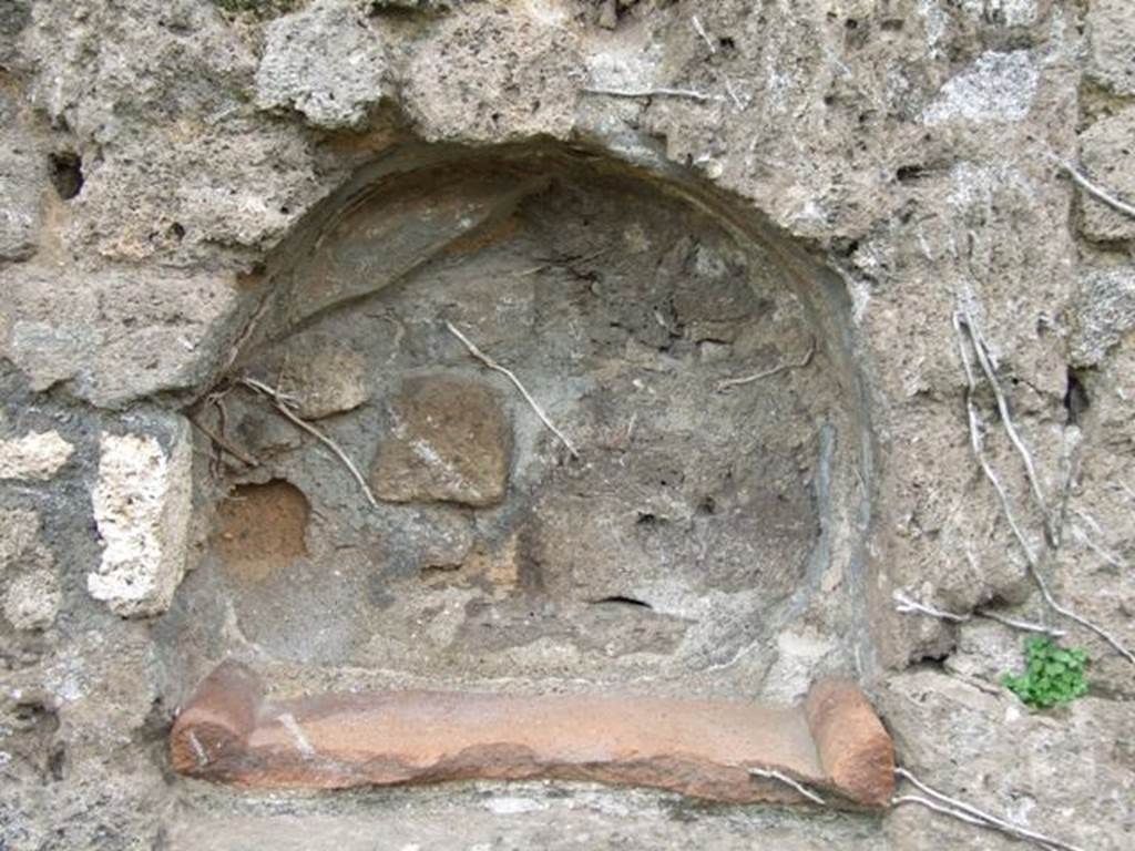 VII.3.12 Pompeii. March 2009. Arched niche in east wall. Inside the niche the white stucco walls were decorated with red lines. See Boyce G. K., 1937. Corpus of the Lararia of Pompeii. Rome: MAAR 14. (p.64, No.263)