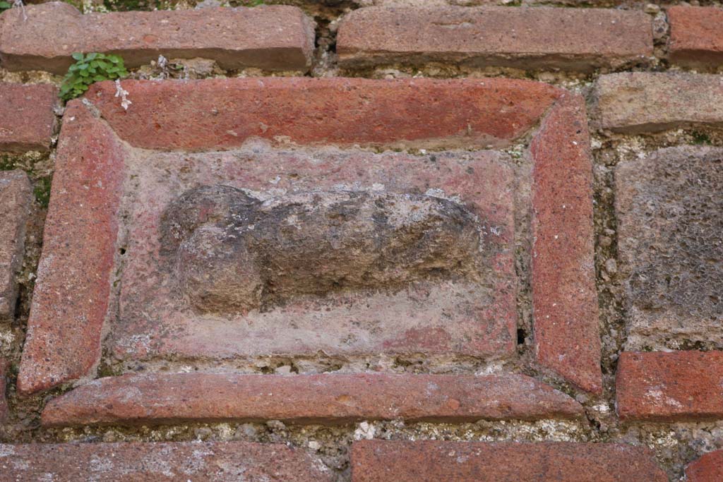 VII.3.23, Pompeii. December 2018.
Plaque of terracotta and tufa showing phallus, from north side of doorway. Photo courtesy of Aude Durand.