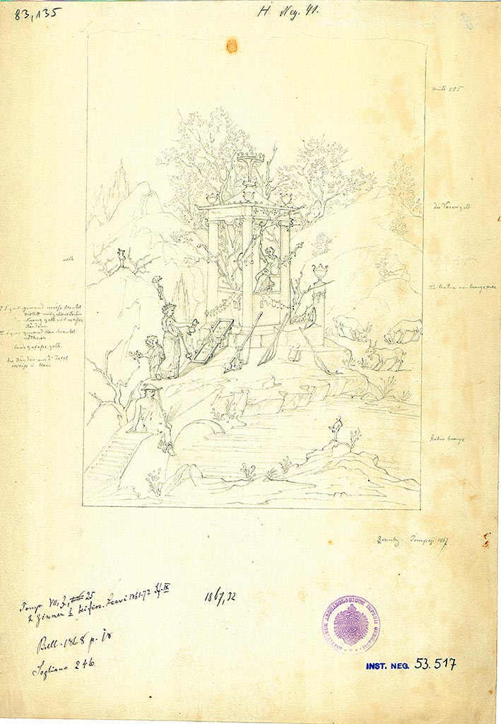 VII.3.25 Pompeii. Oecus. 1867 drawing by L. Schulz of a sacred landscape.
The drawing portrays a scene of offering by maenads to Dionysus whose statue is seen inside the temple.
DAIR 83.135. Photo © Deutsches Archäologisches Institut, Abteilung Rom, Arkiv.
Kuivalainen comments –
This is a sacral landscape with a cult image depicting Bacchus, as attested by the various thyrsi, cantharus, and kraters, and the offering followers: a maenad and a small satyr (Comus?). The herms, the one in front Priapic, also suit his cult well. Customarily for sacral landscapes, the shrine is depicted next to a leafy tree.
See Kuivalainen, I., 2021. The Portrayal of Pompeian Bacchus. Commentationes Humanarum Litterarum 140. Helsinki: Finnish Society of Sciences and Letters, (F33, p.186).