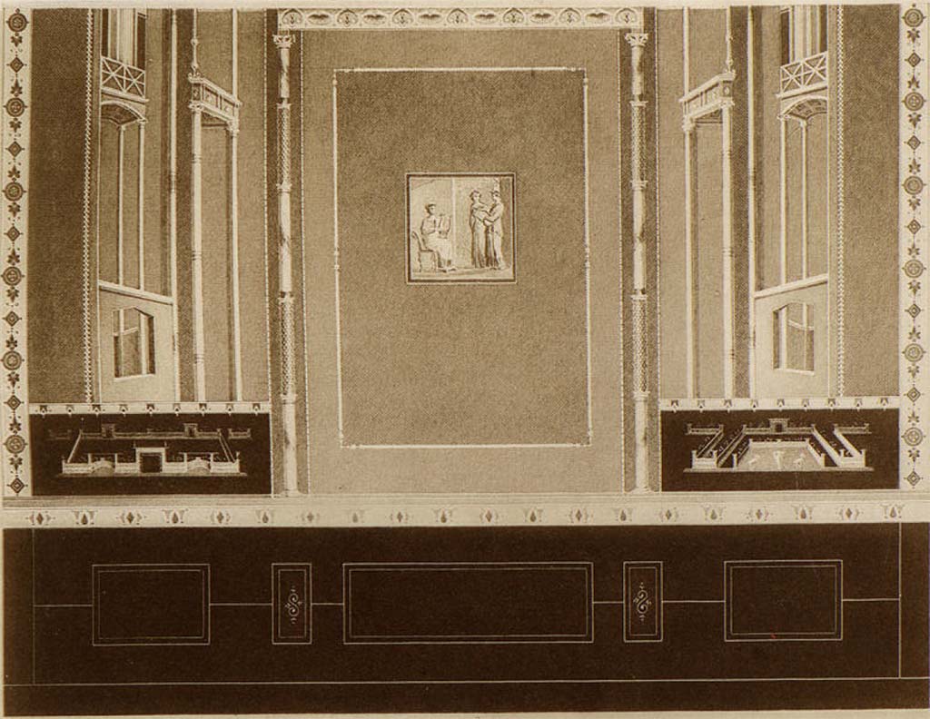 VII.3.29 Pompeii. About 1880. Room 10, north wall of cubiculum.
Painting of wall with fresco of Pindar and Corinna in centre panel and garden scenes in black panels below.
See Schefold, K., 1957. Die Wände Pompejis. Berlin: De Gruyter. p. 177.
See Mau, A. 1882. Geschichte der Decorativen Wandmalerei in Pompeji. Berlin: Reimer. (p. 359, p. 396, Tafel 11a.)