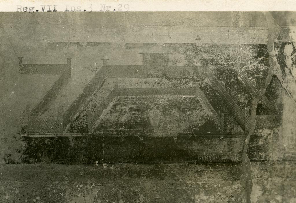 VI.3.29 Pompeii. Pre-1937-39. Garden painting from the east end of the north wall of the cubiculum.
Photo courtesy of American Academy in Rome, Photographic Archive. Warsher collection no. 1683.