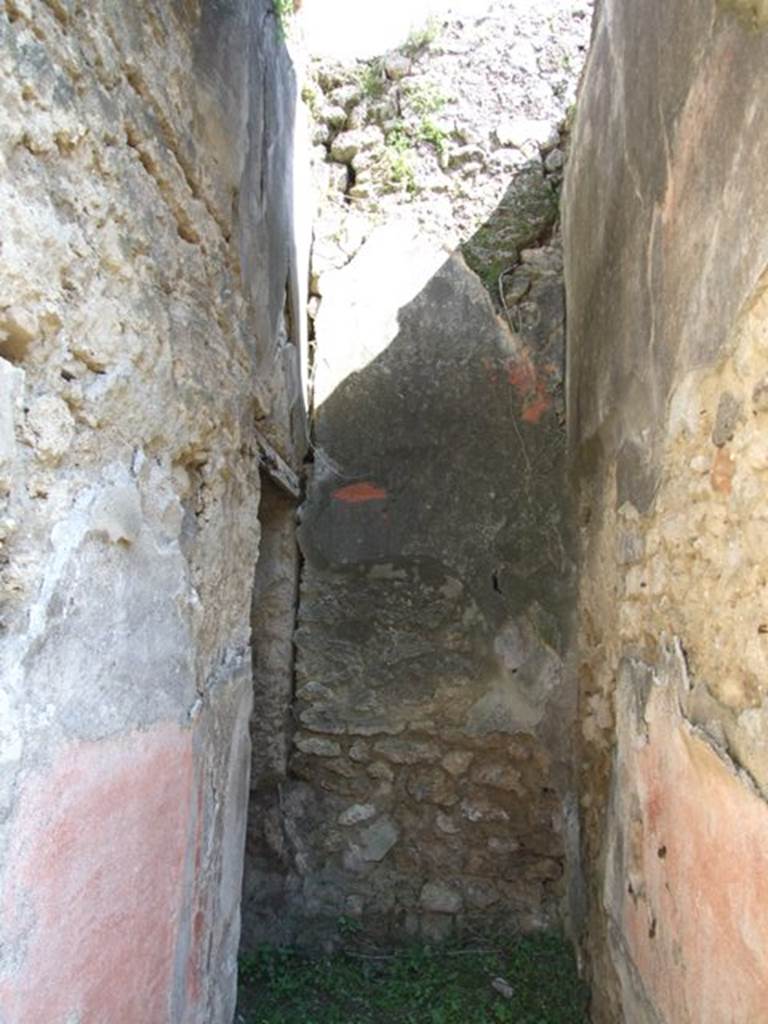 VII.3.29 Pompeii. March 2009. Room 12, corridor. Looking east. On the east side of the corridor was the garden area. According to Boyce, in the south-west corner of the portico of the garden was a semi-circular niche. Its vaulted ceiling was adorned with a painted shell. Painted on the wall above the niche was a pediment and below it a single serpent beside an altar.
See Boyce G. K., 1937. Corpus of the Lararia of Pompeii. Rome: MAAR 14. (p.65, no: 270, Pl.4,1)