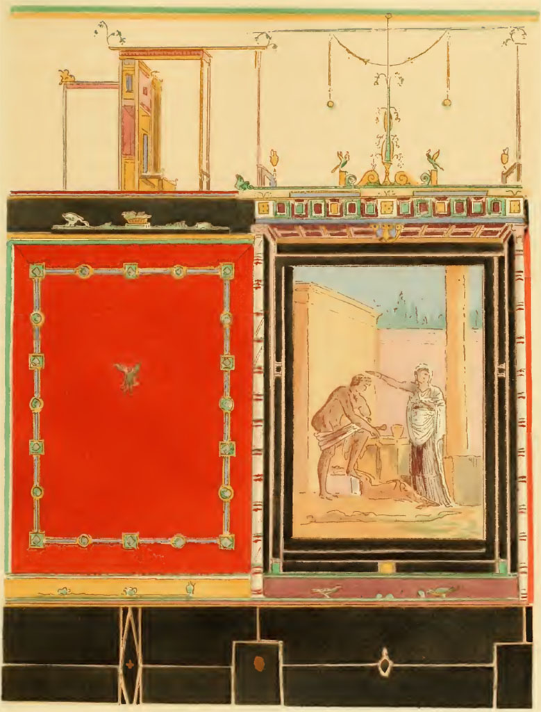 VII.3.29 Pompeii. Undated painting by Pierre Gusman showing south wall of triclinium.
The central wall painting is now in Naples Museum. Inventory number 120086.
(XVI. Oecus de la maison de Spurius Mesor (Région IV, 3, 39). Au musée de Naples.)
See Gusman P., 1924. La Décoration Murale de Pompei. Paris : Morancé, pl. XVI.