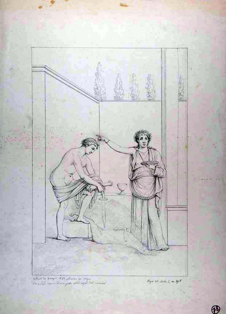 VII.3.29 Pompeii. Drawing by Nicola La Volpe of painting from south wall of triclinium.
Now in Naples Archaeological Museum. Inventory number ADS 565.
Photo © ICCD. https://www.catalogo.beniculturali.it
Utilizzabili alle condizioni della licenza Attribuzione - Non commerciale - Condividi allo stesso modo 2.5 Italia (CC BY-NC-SA 2.5 IT)
The original fresco is now in Naples Museum, inventory number 120086.
