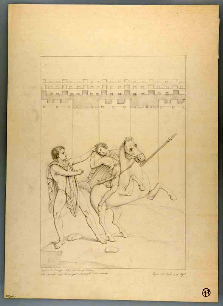 VII.3.29 Pompeii. 1867 drawing by N. La Volpe of painting of a hero and an Amazon on horseback from north wall of the triclinium.
Now in Naples Archaeological Museum. Inventory number ADS 567.
Photo © ICCD. https://www.catalogo.beniculturali.it
Utilizzabili alle condizioni della licenza Attribuzione - Non commerciale - Condividi allo stesso modo 2.5 Italia (CC BY-NC-SA 2.5 IT)