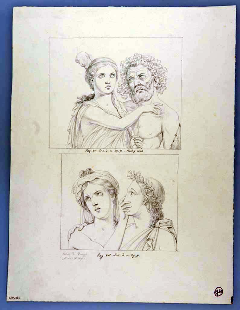 VII.3.29 Pompeii. Room 13, ala on east side of atrium. South wall. Drawing by Nicola La Volpe of two vignettes;
The first shows the bust of a bearded Hercules, crowned with vine leaves, who looks towards Omphale with the cudgel in her left hand, supporting her right hand on the hero's shoulder;
In the vignette beneath a maiden (maenad?) with a hand near to the mouth of a youth who wears a crown of olive branch, and he in turn puts his arm on her shoulders.
Now in Naples Archaeological Museum. Inventory number ADS 564.
Photo © ICCD. https://www.catalogo.beniculturali.it
Utilizzabili alle condizioni della licenza Attribuzione - Non commerciale - Condividi allo stesso modo 2.5 Italia (CC BY-NC-SA 2.5 IT)