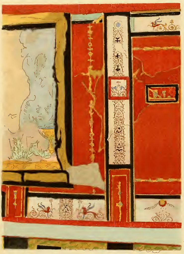 VII.3.30 Pompeii. 1924.
Painting by Pierre Gusman, of probable north wall of room 6, with window overlooking garden area.
He described this as either-
XVIII. 1. Chambre d'une maison située rue de la Fortune (Région IV, 4, 62), or
XVIII. 2. Maison de Popidius Priscus (Region. IV. 7. 2. 20)
See Gusman P., 1924. La Décoration Murale de Pompei. Paris : Morancé, pl. XVIII,1 or 2.