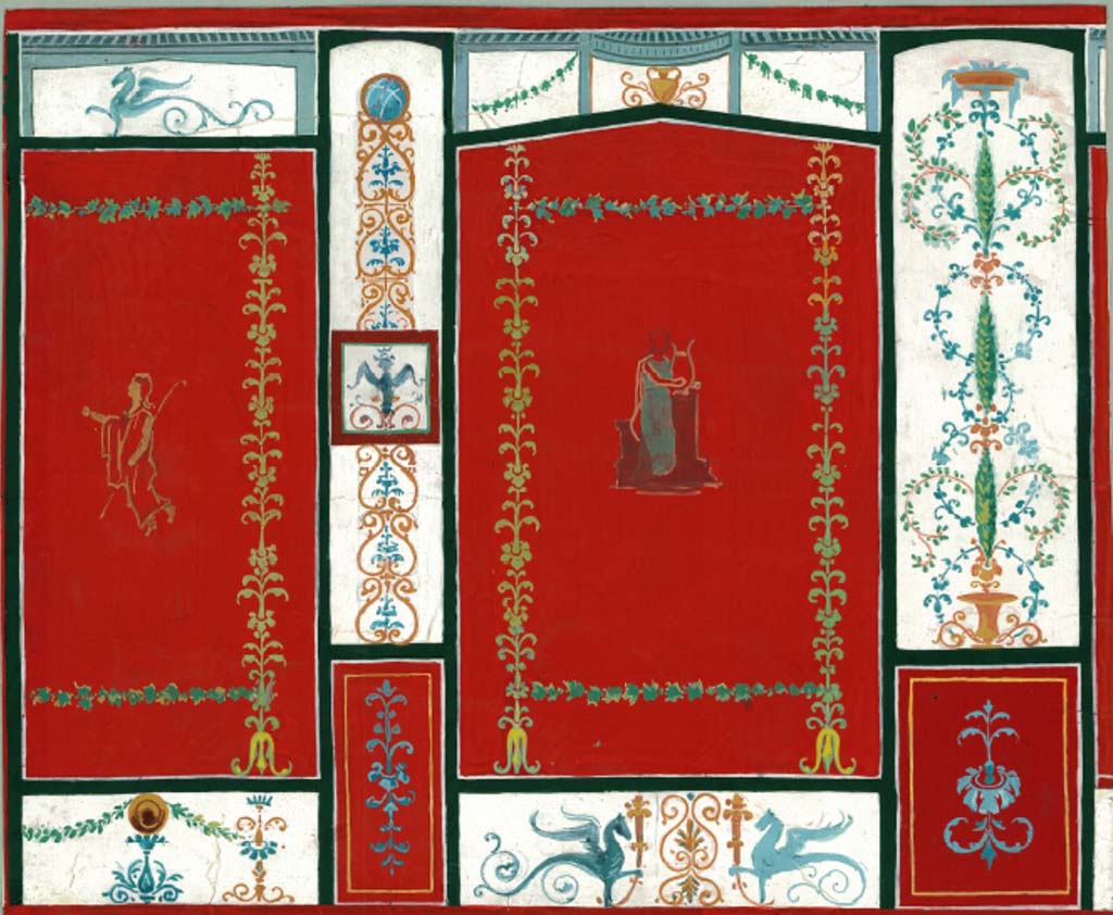 VII.3.30 Pompeii. Pre-1890. Painting by C. E. Plitt that would appear to be similar to those from room 6 but may be from another house.
Not signed but in a folder with others numbered A-VII-34-90 to 111 with title: "Pompeji. Handmalereien von C. E. Plitt".
DAIR A-VII-34-100. Photo © Deutsches Archäologisches Institut, Abteilung Rom, Arkiv.