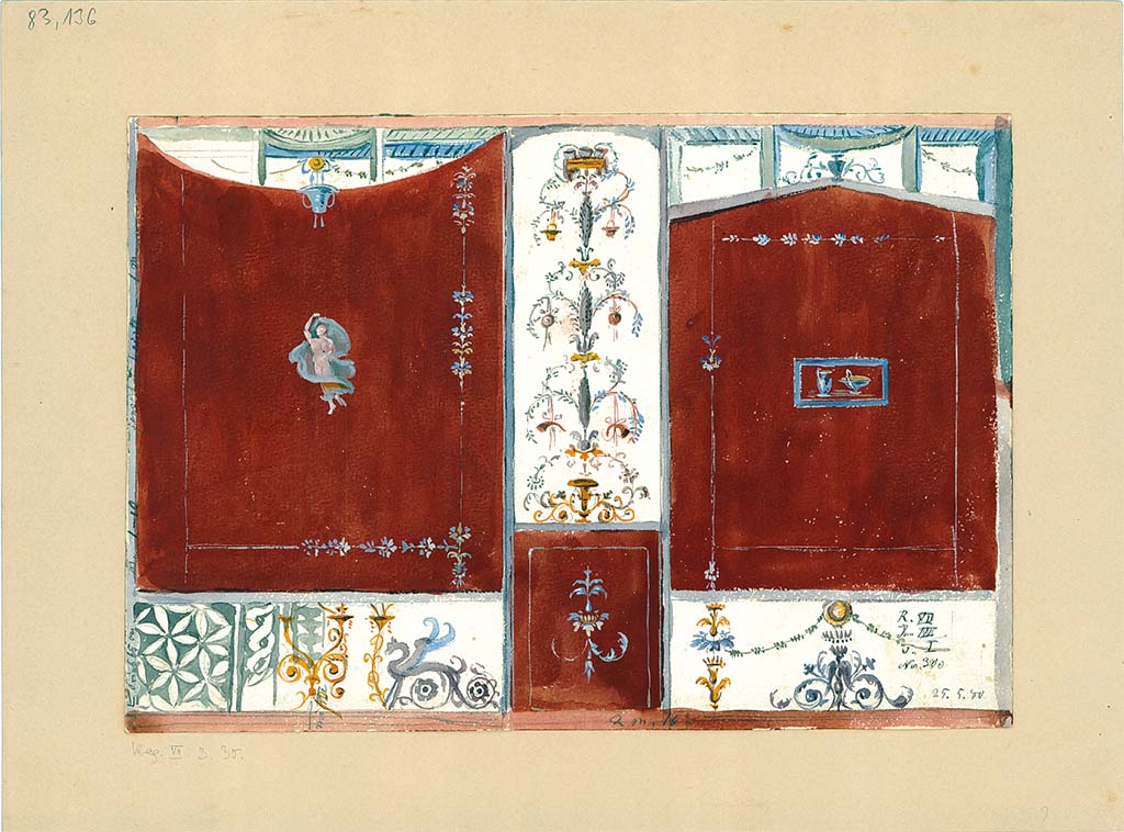 VII.3.30 Pompeii. Painting dated 25th May 1880. Described as a fresco on a side wall of the “tablinum”, room 6, not conserved.
DAIR 83.136. Photo © Deutsches Archäologisches Institut, Abteilung Rom, Arkiv.
See Catalogue, 1989. Italienische Reise: Pompejanische Bilder in den deutschen archaeologischen Sammlungen. Napoli: Bibliopolis, p. 194 and p. 293, fig. 47.