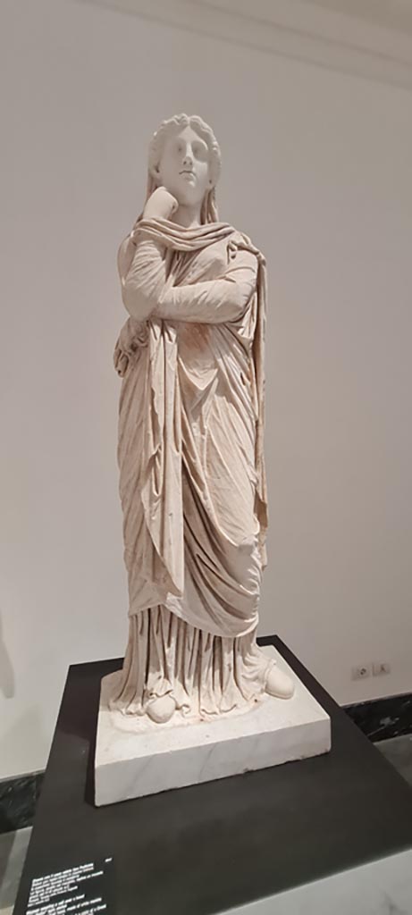 VII.4.1 Pompeii. April 2023.
White marble statue of woman wearing a veil over her head. The face mask is modern.
On display in “Campania Romana” gallery in Naples Archaeological Museum, inventory number 6047.
Photo courtesy of Giuseppe Ciaramella.