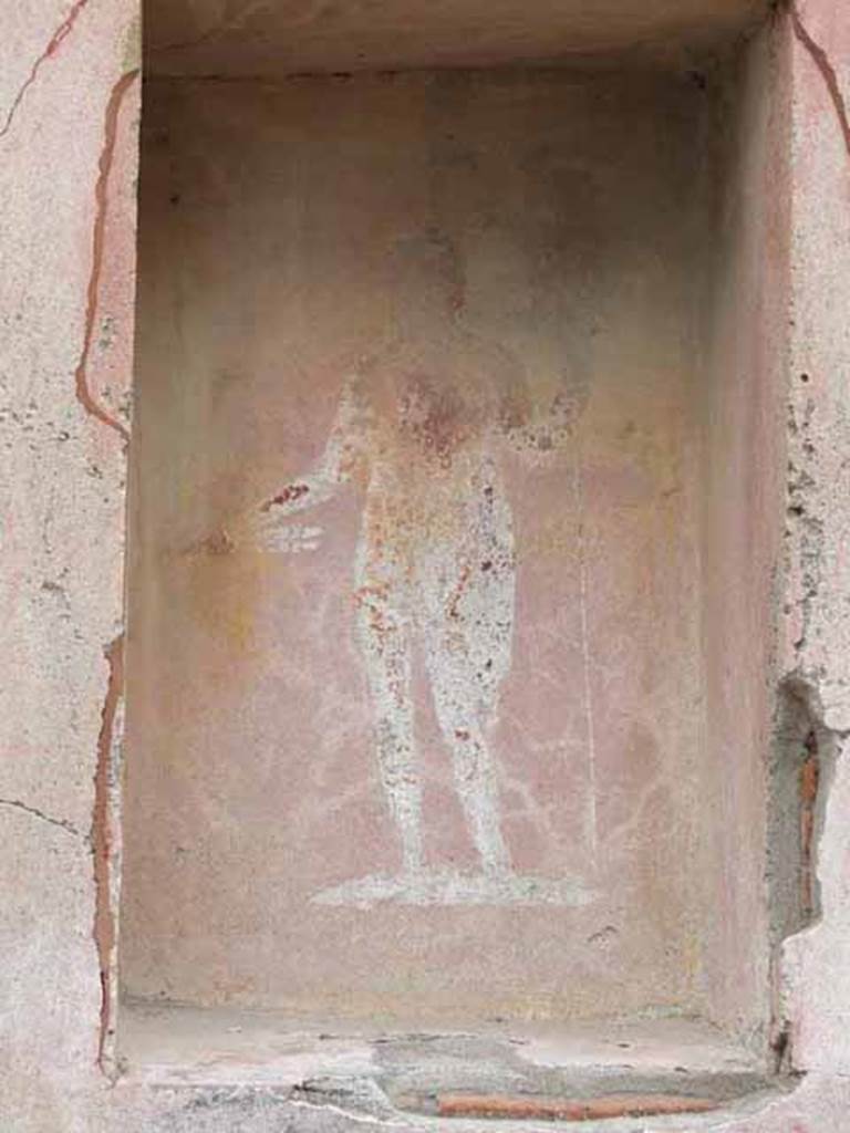 VII.4.17 Pompeii. May 2010. Street shrine with a picture of Jupiter with thunderbolt and sceptre, on left pillar of VII.4.17.
See Fröhlich, T., 1991, Lararien und Fassadenbilder in den Vesuvstädten. Mainz: von Zabern. (F48: p.325).
See Eschebach, L., 1993, Gebäudeverzeichnis und Stadtplan der antiken Stadt Pompeji. Köln: Böhlau. (p.275).
See Boyce G. K., 1937. Corpus of the Lararia of Pompeii. Rome: MAAR 14. (p.111, no. 15)