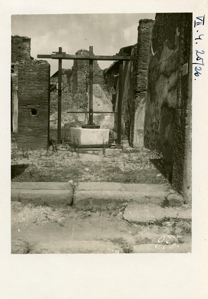 VII.4.25 Pompeii. Pre-1937-39.
Looking north from Via degli Augustali, across workshop room towards atrium and tablinum.
Photo courtesy of American Academy in Rome, Photographic Archive. Warsher collection no. 976.