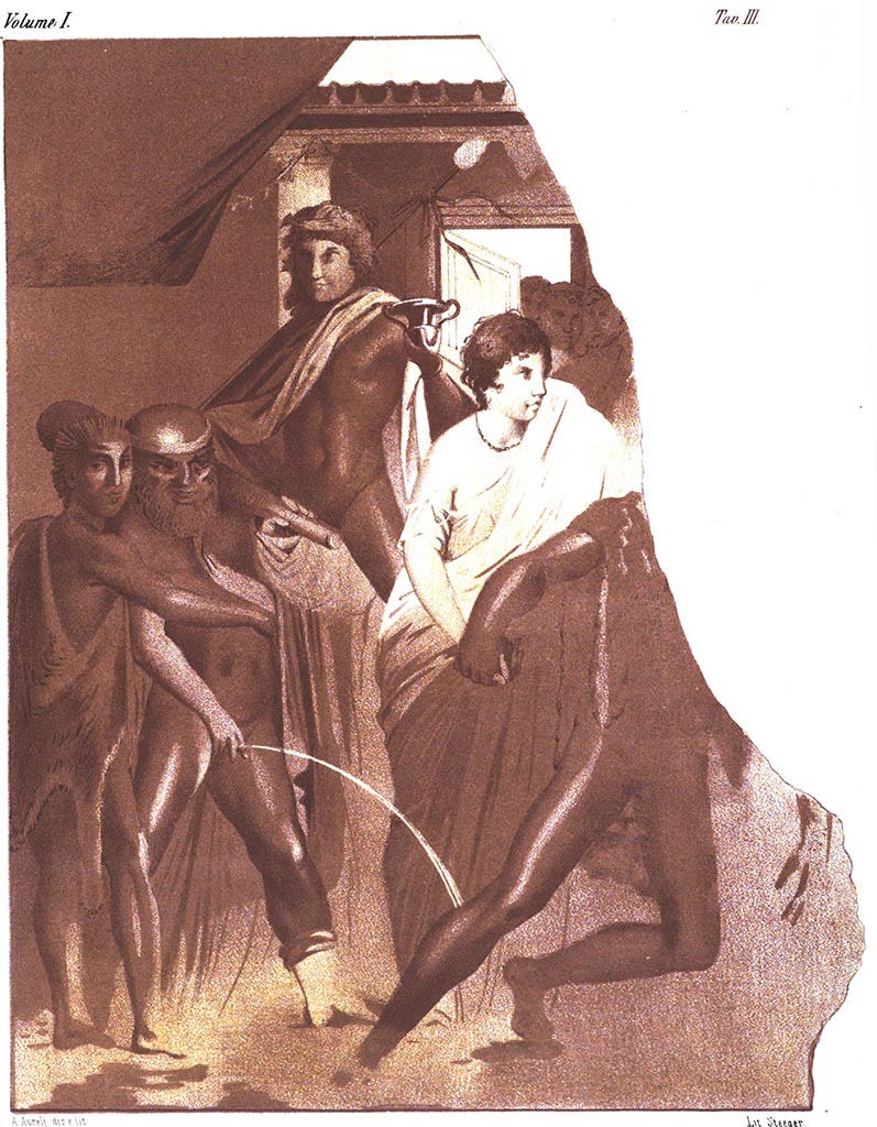 VII.4.25 Pompeii. Atrium, east side. 1868 painting by A. Aurelj with lithograph by V. Steeger, published in NdS.
The painting shows a young Dionysus and an ancient Silenus with a club on his shoulder and being supported by a young faun. The two figures on the right may be a drunken Hercules violently carrying away Auge.
See Giornale degli Scavi N.S.1, no. 2, Settembre 1868, Tav III.
According to Kuivalainen this painting was partially preserved when discovered, now destroyed.
He comments –
“A young Bacchus is presented in the company of a drunken Hercules in the process of falling down; the thiasus is also slightly tipsy, with Silenus carrying the club of Hercules. Bacchus holding the cantharus from the bottom is a rare detail; his larger size and position above the other figures affirm his identity as Bacchus, supervising the scene.”
See Kuivalainen, I., 2021. The Portrayal of Pompeian Bacchus. Commentationes Humanarum Litterarum 140. Helsinki: Finnish Society of Sciences and Letters, (p.180-181, F27).