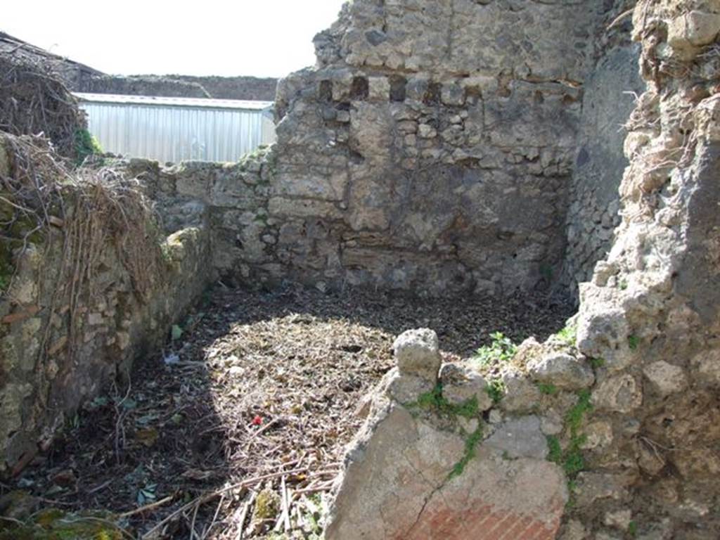 VII.4.29 Pompeii. March 2009.Room on west side of small courtyard or garden. The remains of the pink plaster may be the west wall of the courtyard garden. See Jashemski, W. F., 1993. The Gardens of Pompeii, Volume II: Appendices. New York: Caratzas. (p.178-9). See Pappalardo, U., 2001. La Descrizione di Pompei per Giuseppe Fiorelli (1875). Napoli: Massa Editore. (p.90).