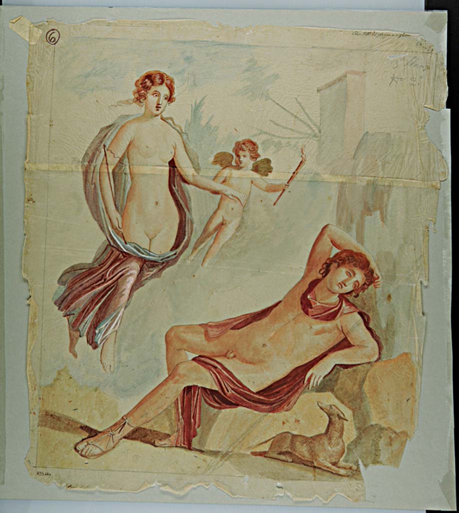 VII.4.29 Pompeii. Painting by Giuseppe Marsigli, of Selene and Endymion, painting now faded and lost.
Found in the same room, as the painting of Perseus and Andromeda.
According to Fiorelli, there was also a painting of the Three Graces.
See Pappalardo, U., 2001. La Descrizione di Pompei per Giuseppe Fiorelli (1875). Napoli: Massa Editore. (p,90).
See Helbig, W., 1868. Wandgemälde der vom Vesuv verschütteten Städte Campaniens. Leipzig: Breitkopf und Härtel, (954).
Now in Naples Archaeological Museum. Inventory number ADS 667.
Photo © ICCD. https://www.catalogo.beniculturali.it/
Utilizzabili alle condizioni della licenza Attribuzione - Non commerciale - Condividi allo stesso modo 2.5 Italia (CC BY-NC-SA 2.5 IT)
